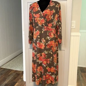J Jill Women's Medium Floral Wrap V Neck Midi Shift Knit Dress Brown Orange Cute - Picture 1 of 10