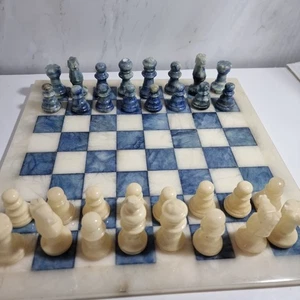 Chiellini Marbel Chess Board White And Blue With Chess Pieces  - Picture 1 of 16