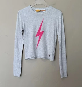 Aviator Nation Longsleeve Bolt Boyfriend Tee Damen XS Grau Neon Pink Crop - Bild 1 von 6