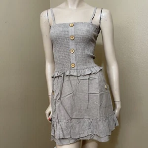 Women’s Beige Cotton Linen Casual Open Stretch Wooden Buttons Size M Sundress - Picture 1 of 12
