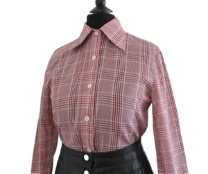 Vintage 1970s Check Shirt Retro long Sleeve Retro Mod Purple Green Top XS 6 - Picture 1 of 8