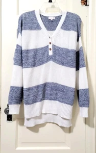 Womens SO Long Pullover Sweater Medium Blue White Striped Hi Low Hem FLASH SALE~ - Picture 1 of 12