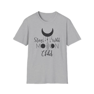 Stay Wild Moon Child- Printed Crew Neck T-shirt Casual Short Sleeve Top, Grey - Picture 1 of 5