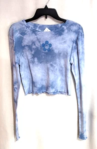 PacSun Women Blue Tie Dye Smile Floral Lettuce Trim Long Sleeve Cropped Tee - M - Picture 1 of 3
