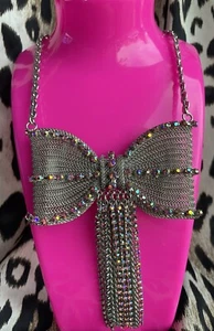 Betsey Johnson Not Your Babe HUGE Silver Metal Mesh Bow Pink Crystal AB Necklace - Picture 1 of 7