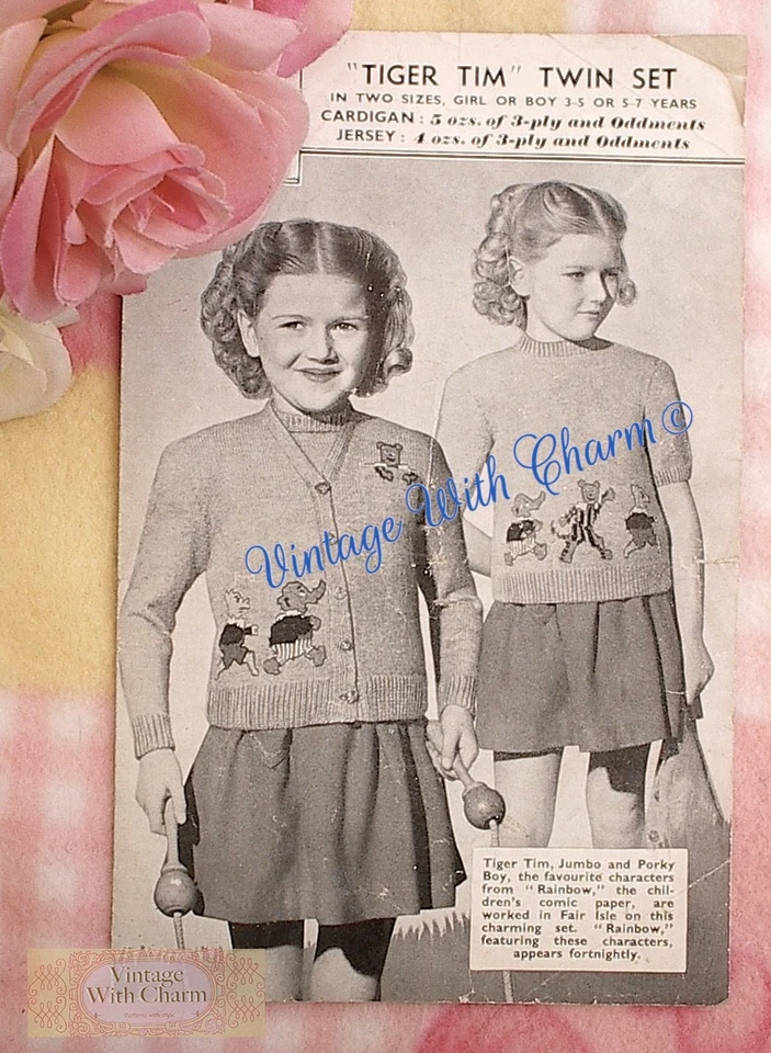 Vintage 1940s Tiger Tim Twin Set Knitting Pattern 2 Sizes, Fit 3-5, 5-7 Yrs. - Image 1 of 1
