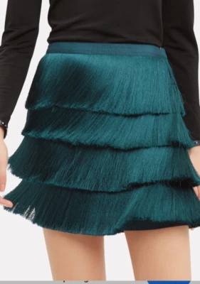 Mini-saia Intermix Raine verde esmeralda franja viscose tamanho 4 - Imagem 1 de 4