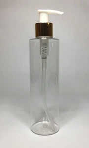 200ml Cylindrical PET Plastic Bottles & Shiny Gold/White Lotion Pump ANY AMOUNT - Picture 1 of 1