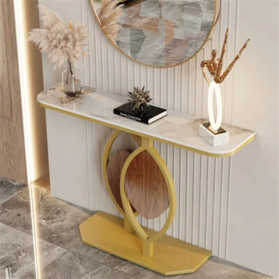 FATIVO Marble Console Table Double Leaf Shape Golden Pedestal Hallway Side Table