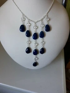 Halskette blauer Achat und klarer weißer Quarz versilbert - Bild 1 von 8