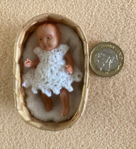 Vintage Collectable Tiny Miniature Celluloid Doll in a Basket Box