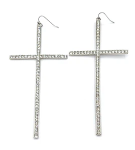 Pendientes religiosos de cruz de 4,5" en tono plata con pedrería transparente nuevos sin etiquetas - Imagen 1 de 5