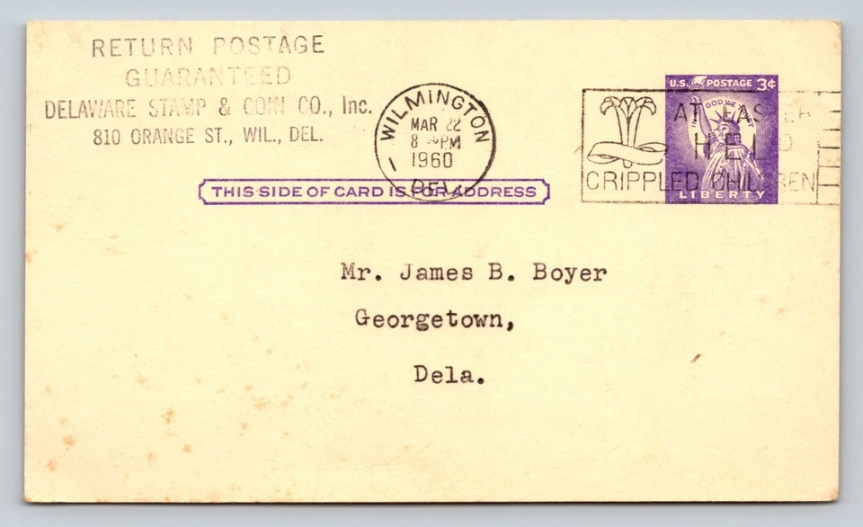 1958 Delaware Stamp & Coin Co. Slogan Cancellation VINTAGE Postal Card UX46 3c - Image 1 of 3