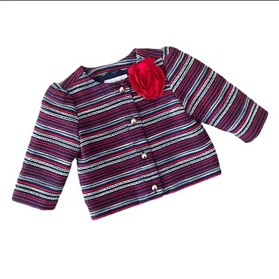 Janie and Jack Navy Blue Red Striped Boucle Button Up Jacket Flower Accent Sz 4 - Image 1 of 4