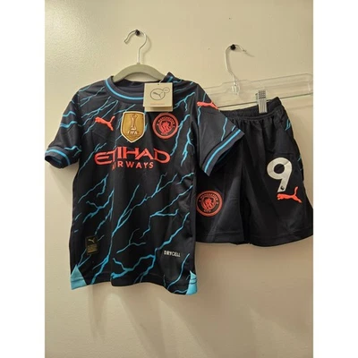 Kids Manchester City Haaland 9 Soccer Jersey Shorts Set Puma Drycell - Image 1 of 4
