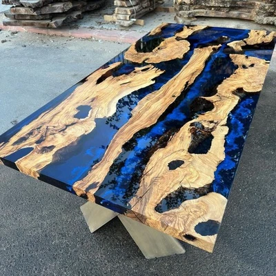 Nemesis Olive Blue Epoxy Dining Table – Custom Handmade Olive Wood Table –... - Image 1 of 4