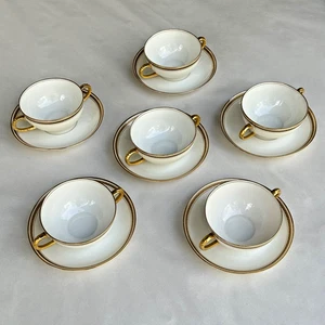 P L Limoges M Redon 6 Bouillon Cups/Saucers Cream Embossed Gold for Jordan Marsh - Picture 1 of 19