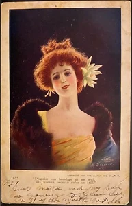 Artist Signed M. Greiner Postcard~Beautiful Redhead Wears Lily In Her Hair~Poem - Picture 1 of 2