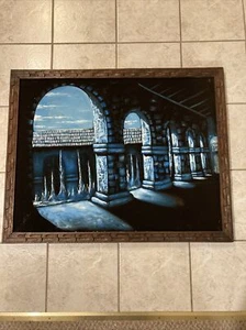 Vintage Black Velvet Portico Arches Painting Wood Frame Signed Cortez 38x30 Big! - Picture 1 of 14