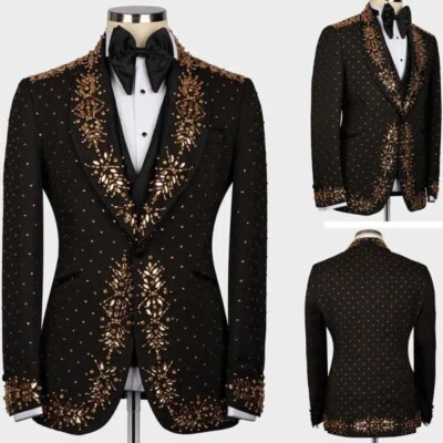 Traje de hombre con cuentas cristales dorados chal satinado solapa chaqueta esmoquin de un solo pecho Foto 1 de 4