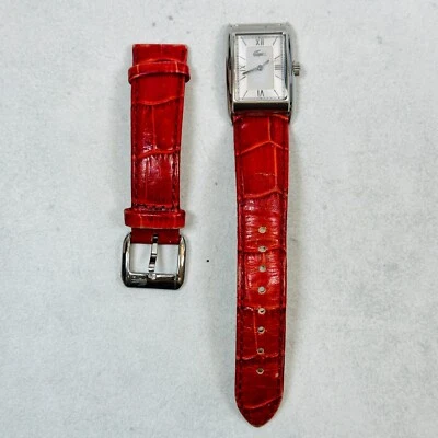 Lacoste Watch Womens 24mm Silver Tone Red Leather Strap New Battery FLAWED READ - Image 1 of 4