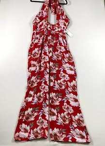 NWT Aura Red Dress Boutique Jumpsuit Women's Large Floral Halter Top Wide Leg - Picture 1 of 9