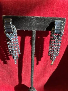 Vintage Blue Rhinestone Fringe Dangle Pierced Earrings Elegant Statement - Picture 1 of 8