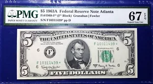 1963A $5 Federal Reserve Note Fr-1968-F* Atlanta PMG67 Superb Gem EPQ - Picture 1 of 2
