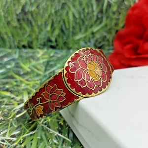 Schönes goldfarbenes Armband Frontscharnier rote Blumen 7 Zoll - Bild 1 von 6