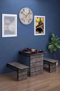 Folding Table & Benches Wall Mounted Space Saving Foldable Dining Kitchen Table - Picture 1 of 17