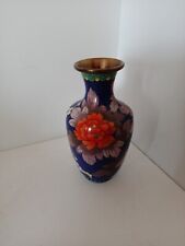 Chinese Cloisonne Cobalt Blue Enamel Pink Flowers Butterfly Antique Vase 8"