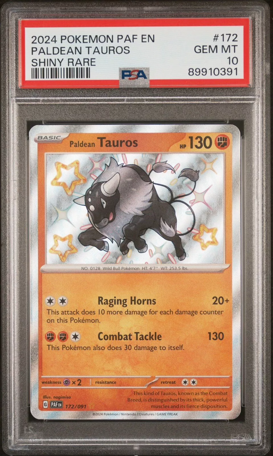 PSA 10 Gem Mint Paldean Tauros 2024 Pokemon 172/091 Paldean Fates Shiny Rare