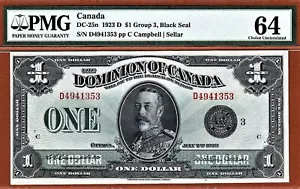 Dominion of Canada $1 DC-25n 1923 Series 'D' pp 'C' Pick-33nj PMG 64 CH UNC - Picture 1 of 2