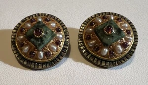 Michal Golan Red Faux Pearl Brass Tone Clip Earrings - Picture 1 of 4