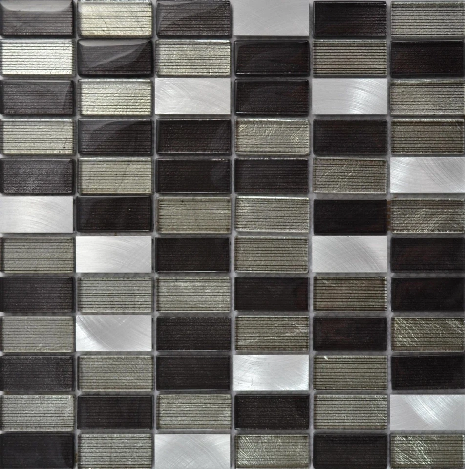 Potez Reflective Black Silver Glass & Brushed Steel Mosaic or Border Full Sheet - Image 1 of 4
