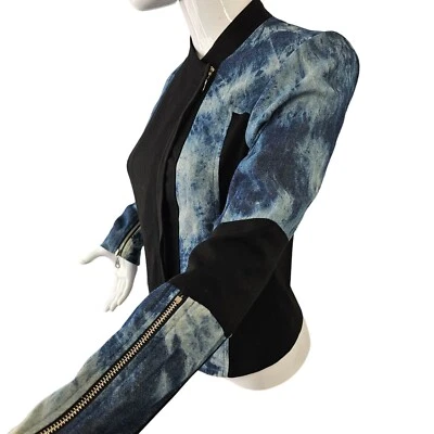 Chaqueta ajustada Nikibiki completa con doble cremallera para mujer S/M algodón bloques de colores denim negra Foto 1 de 4