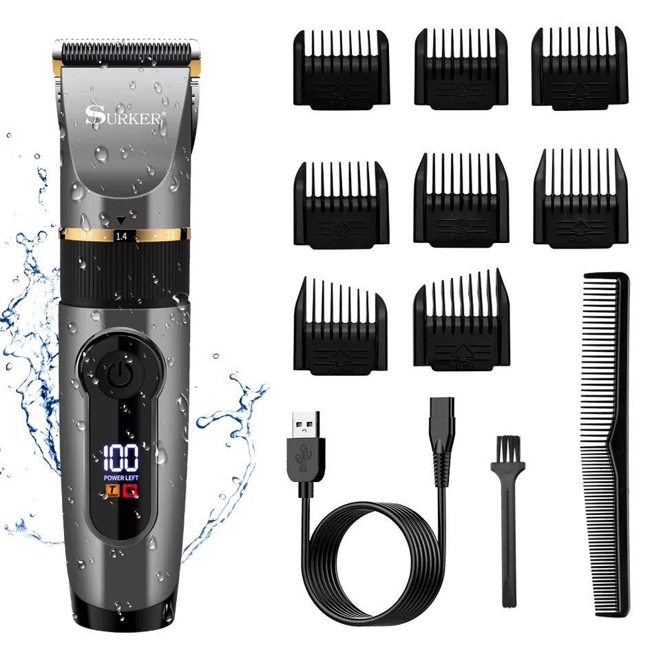 SURKER Professional Hair Clipper Ceramic Blade Male Hair Trimmer LED Display Hai