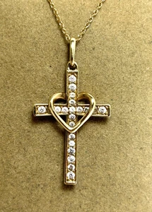 DELICADO COLLAR COLGANTE CORAZÓN Y CRUZ CIRCONITA ORO AMARILLO 10K 16" - 18" - Imagen 1 de 14