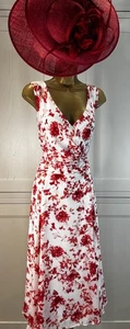 Jacques Vert UK 14 Coral Red Ivory Midi Dress Wedding Mother Guest Races Party - Picture 1 of 18