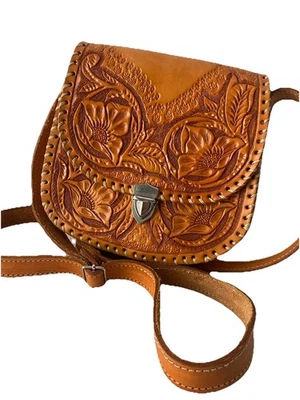 Vintage Artisan Genuine Leather Crossbody Shoulder Bag Tooled Floral Boho Medium - Image 1 of 4