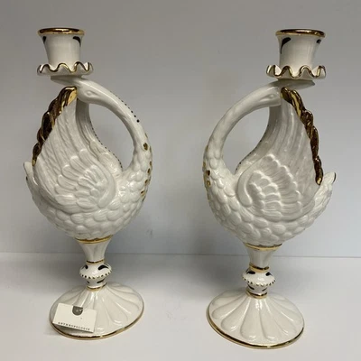 Anthropologie Candlestick SWAN TAPER HOLDERS Pair Handpainted Gold 11" Italy NWT - Image 1 of 4