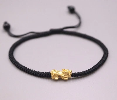 Pure 999 24K Yellow Gold Women Wealth Pixiu Beads Bracelet 0.2-0.3g 6.7in Adjust - Image 1 of 4