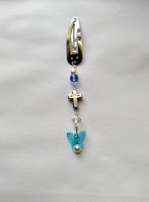 Cross Hair Clip Barrette Blue Butterfly Bead Linear Dangle Handmade Accessory - Image 1 of 3