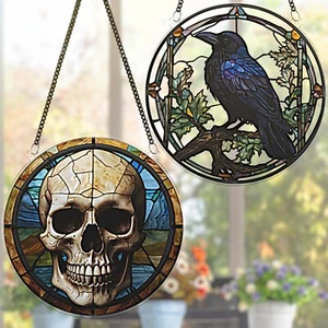 2 Pack Suncatcher For Window Hanging Gifts For Friend Crow Decor Skull Halloween - Picture 1 of 6