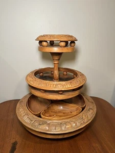 Cialda scimmia vintage in legno intagliato a mano 3 livelli pigra Susan bellissima - Foto 1 di 16