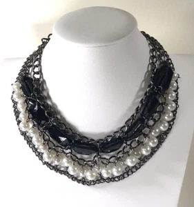 Multi Strand Gunmetal Tone Ribbon Black Beads Faux Pearl Statement Necklace 17" - Foto 1 di 10