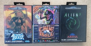 3x Sega Mega Drive, Altered Beast, Crüe Ball, Alien 3, PAL ORIGINAL PACKAGING CIB TOP