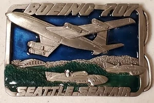Boeing 707 SEATTLE SEAFAIR 80s Vintage Color Enamel Belt Buckle - Picture 1 of 4