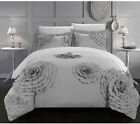 Chic Home 3 Piece Birdy Floral Rose Pleated Etched Queen Duvet Cover Set Sliver