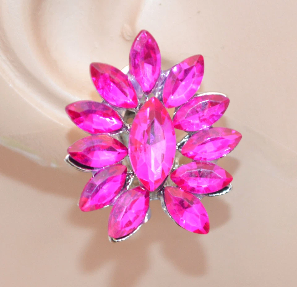 Orecchini a clips donna argento cristalli rosa fucsia bottone lobo gocce UW123 - Immagine 1 di 1